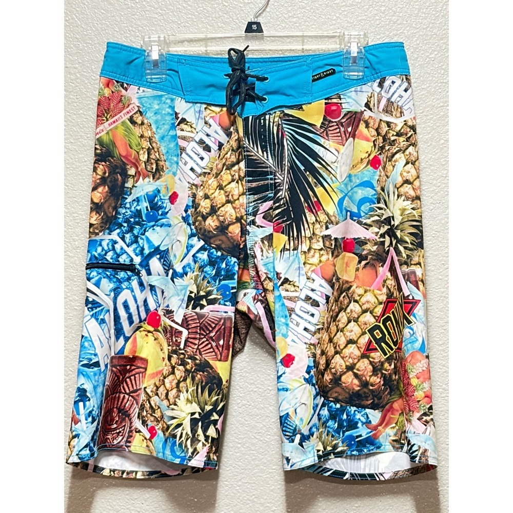 Ronix Tight & Right Mens Board Shorts Size 32 Tropical Tiki Pineapple Print Blue